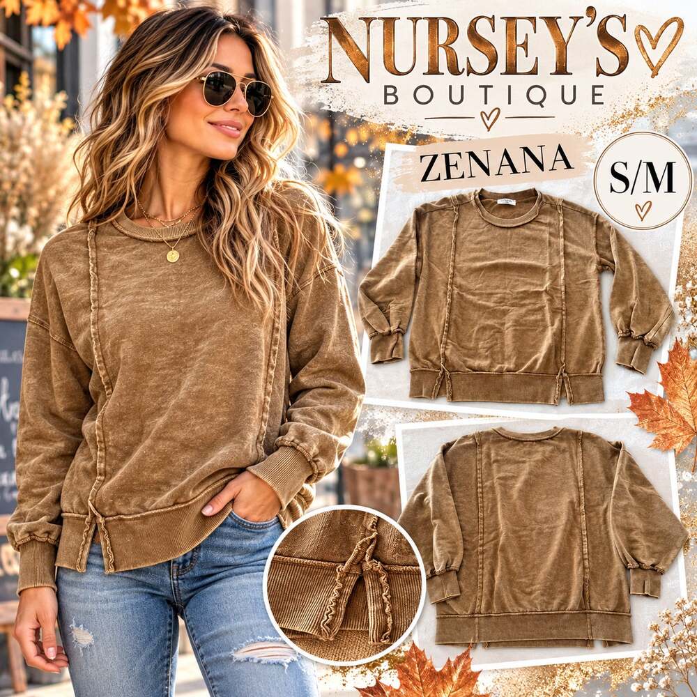 Zenana S/M Brown Acid Wash Exposed Seam Cotton Sweatshirt Side Slit NIB